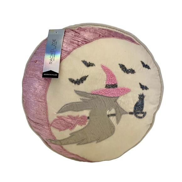 RACHEL ZOE Halloween Flying Witch Pink Moon Round Toss Beaded Pillow 16x6 New - Picture 1 of 10